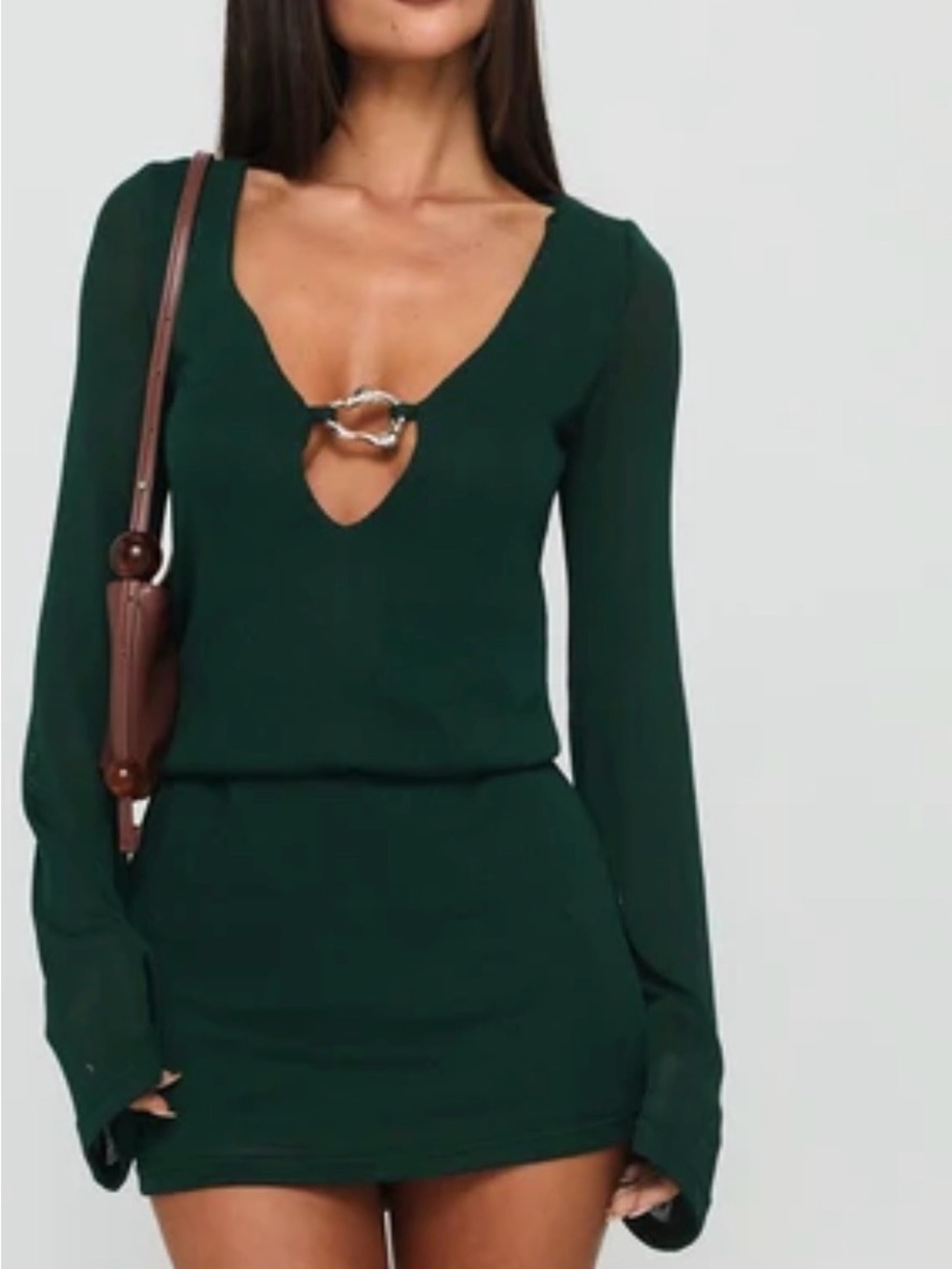 Princess Polly Emerald Green Long Sleeve Mini Dress with Front Ring Detail